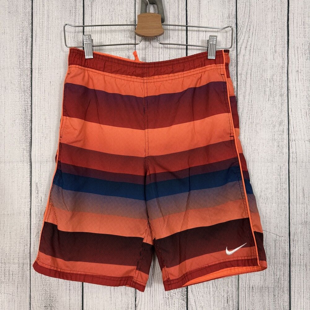 Nike Boy's Medium Orange Striped Mesh Lined Swim Trunks Shorts w/ Pockets